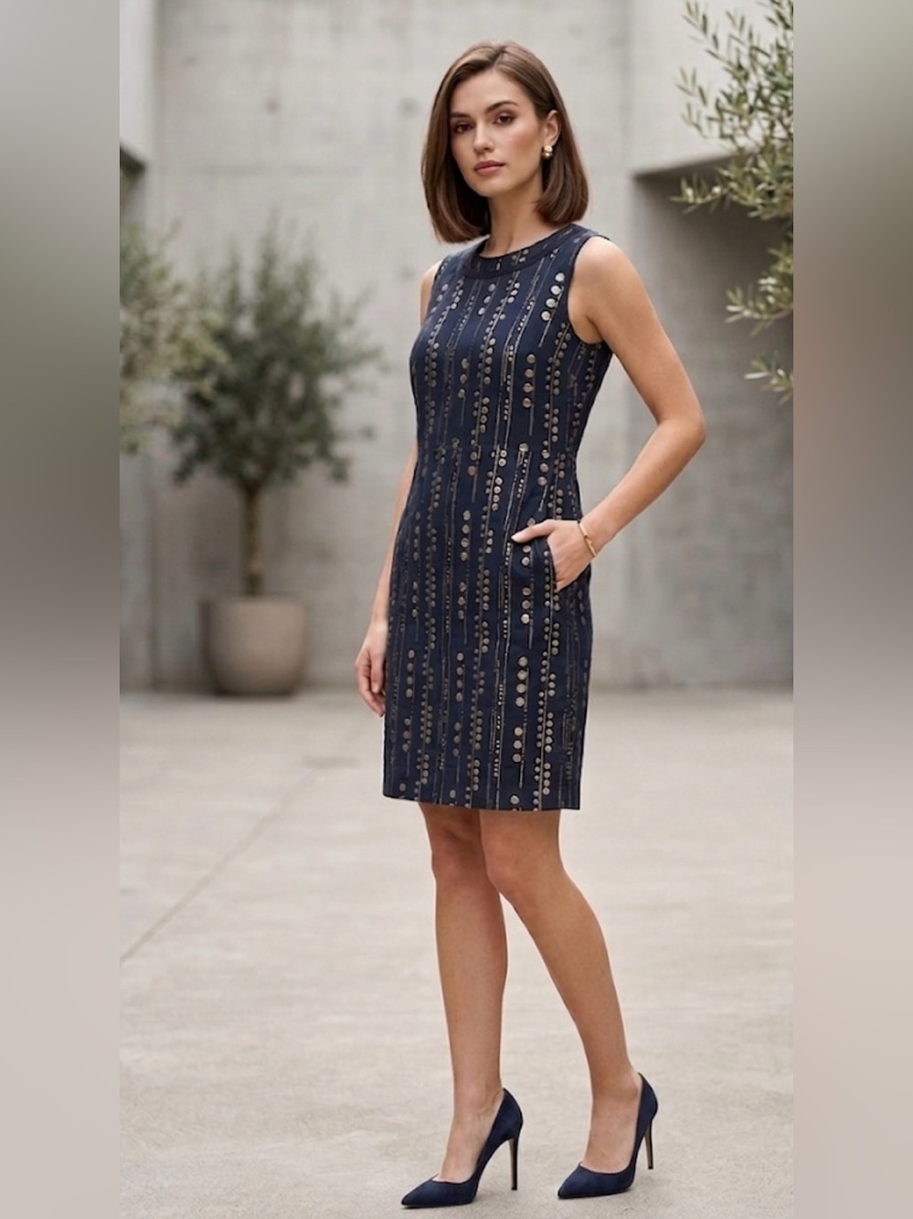 Tory Burch Navy Sleeveless Shift Dress with Metallic Dot Stripes